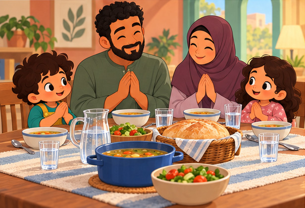Adam sits with his mother, father, and little sister at the family table