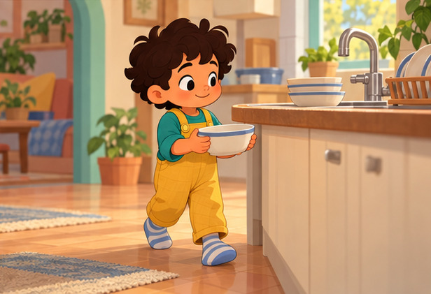 Adam carries his bowl carefully with both hands after the meal