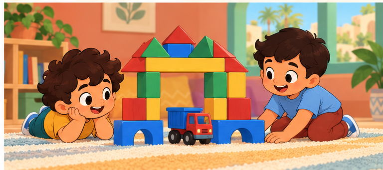 Cover of The Words That Repaired the Game: Rami and Omar, two five-year-old friends, beside their repaired block bridge.