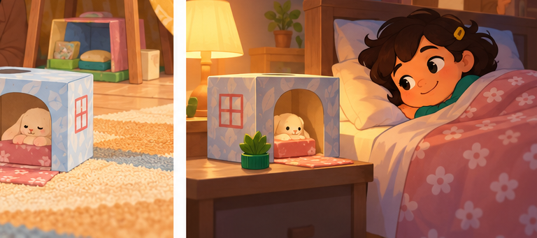 Cover of The Small Toy Is Enough for Today: four-year-old Maryam beside a playhouse made from a tissue box.