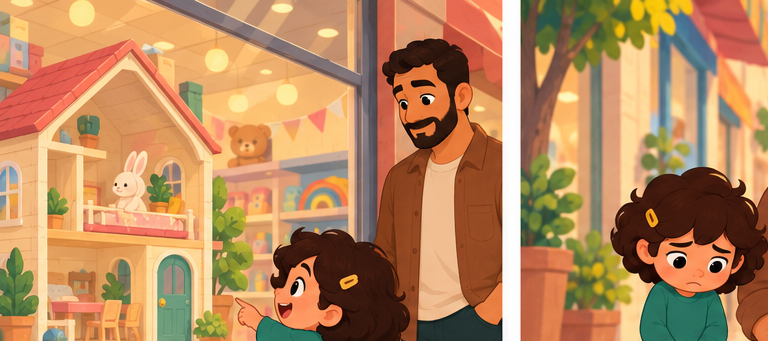 Four-year-old Maryam sees a large playhouse at the shop with her father.