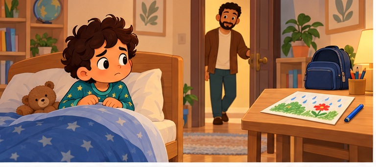 يوسف ذو الخمس سنوات يجلس قلقًا في فراشه، ووالده يدخل الغرفة قرب الحقيبة والرسمة.