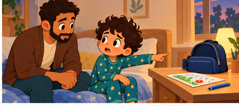 يوسف ذو الخمس سنوات يشير إلى الحقيبة بينما يستمع إليه والده قرب الفراش.
