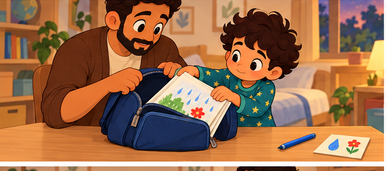 يوسف ذو الخمس سنوات ووالده يضعان الرسمة المحمية في الحقيبة والقلم الأزرق في جيبها.