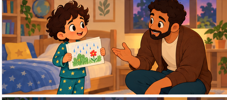 يوسف ذو الخمس سنوات يتدرب على جملته الأولى أمام والده مستعينًا برسم الحديقة.