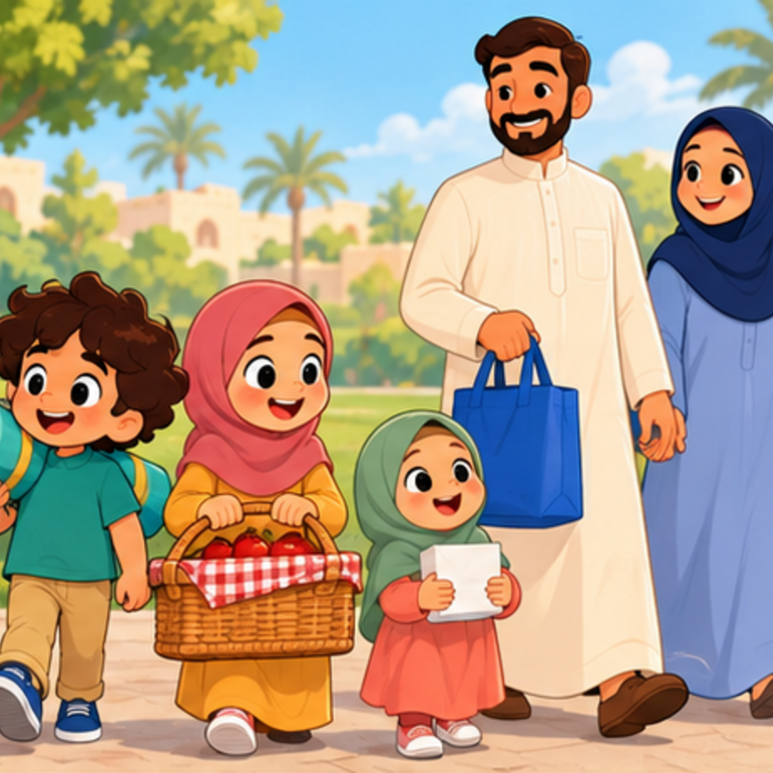 غلاف قصة من يحمل؟ من يرتب؟ ويظهر سامي ابن الخامسة مع أختيه: مريم ذات السبع سنوات وهناء ذات الأربع سنوات، ومعهم أبوهم وأمهم.