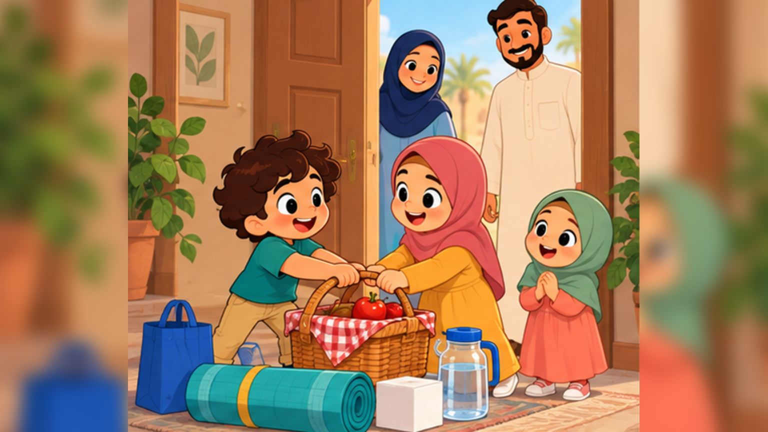 Five-year-old Sami with his sisters Maryam, age seven, and Hanaa, age four, and their father and mother beside the picnic things.
