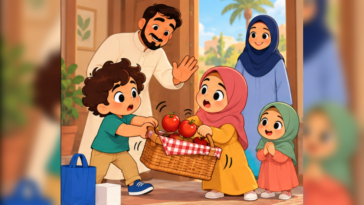 The father, who is the mother’s husband and the father of Sami, Maryam, and Hanaa, steadies the picnic basket in front of his family.