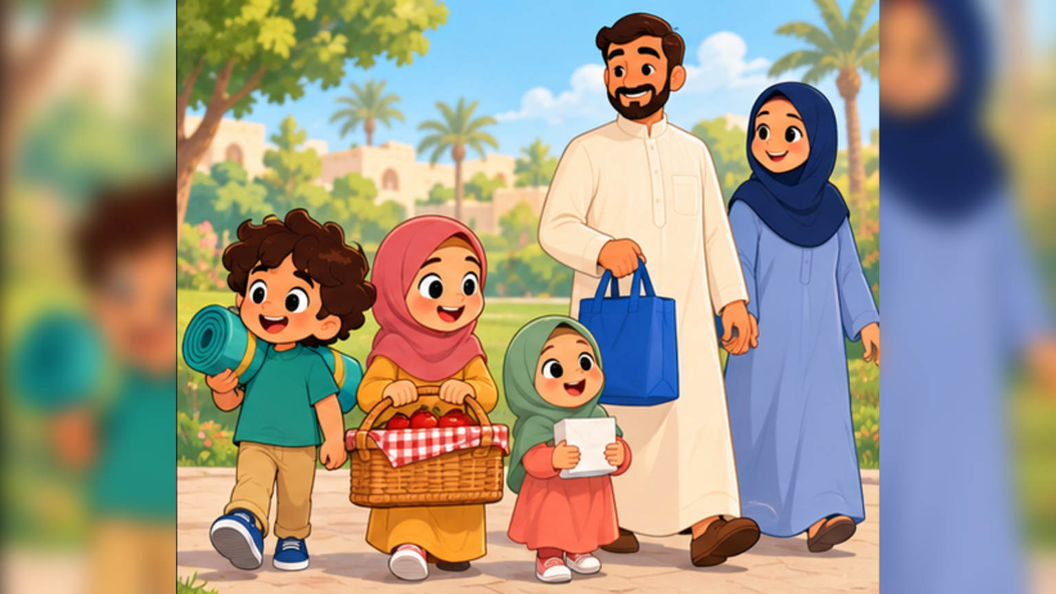 The father and mother and their children Sami, Maryam, and Hanaa share the picnic jobs within the family.