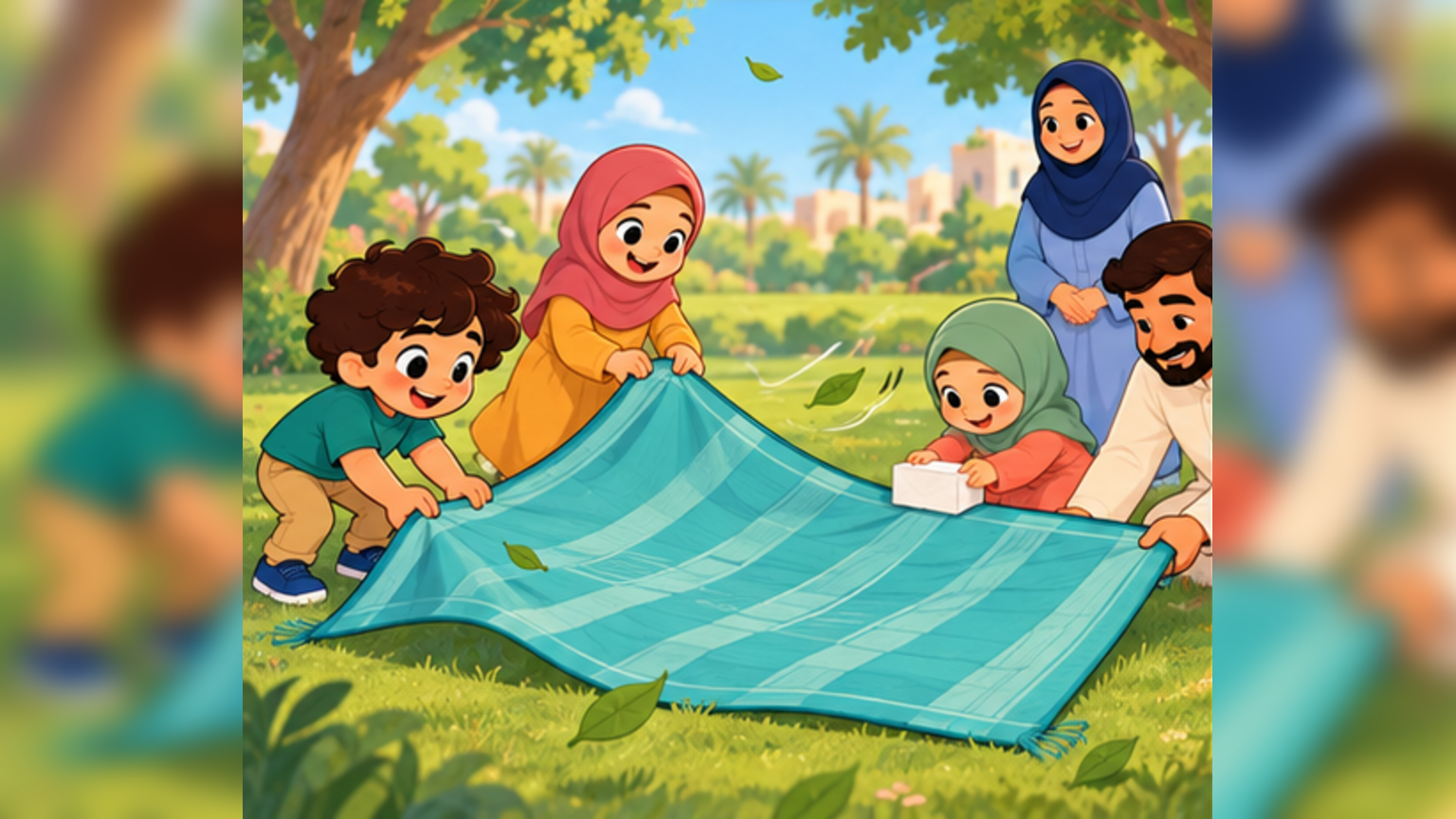Five-year-old Sami spreads the picnic mat in front of his father, mother, and sisters Maryam and Hanaa.