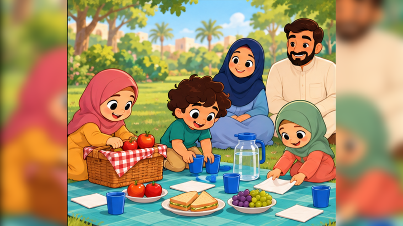 Seven-year-old Maryam and her four-year-old sister Hanaa arrange food and napkins with help from their mother.