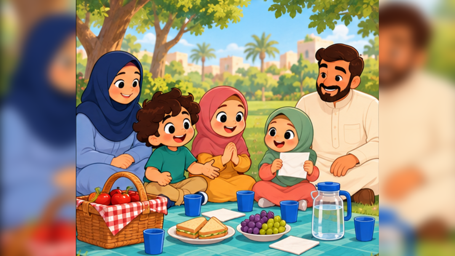 The father and mother and their children Sami, Maryam, and Hanaa sit beside their tidy picnic after completing the family jobs.