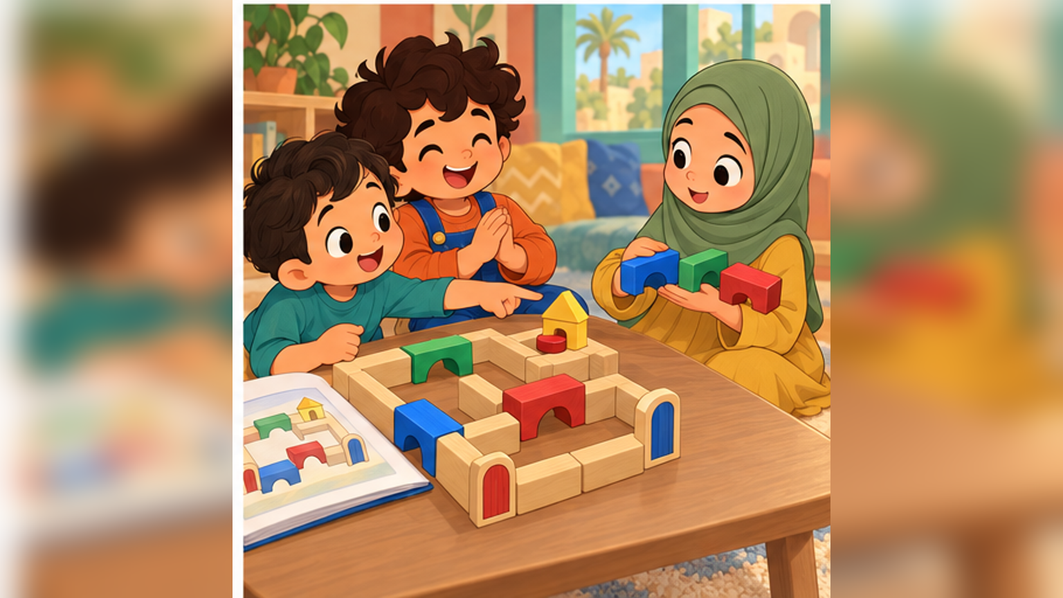 الأخوان عمر ونادر مع أختهما ليان ذات الخمس سنوات، بحجاب كامل، يتبادلون تلميح اللعبة