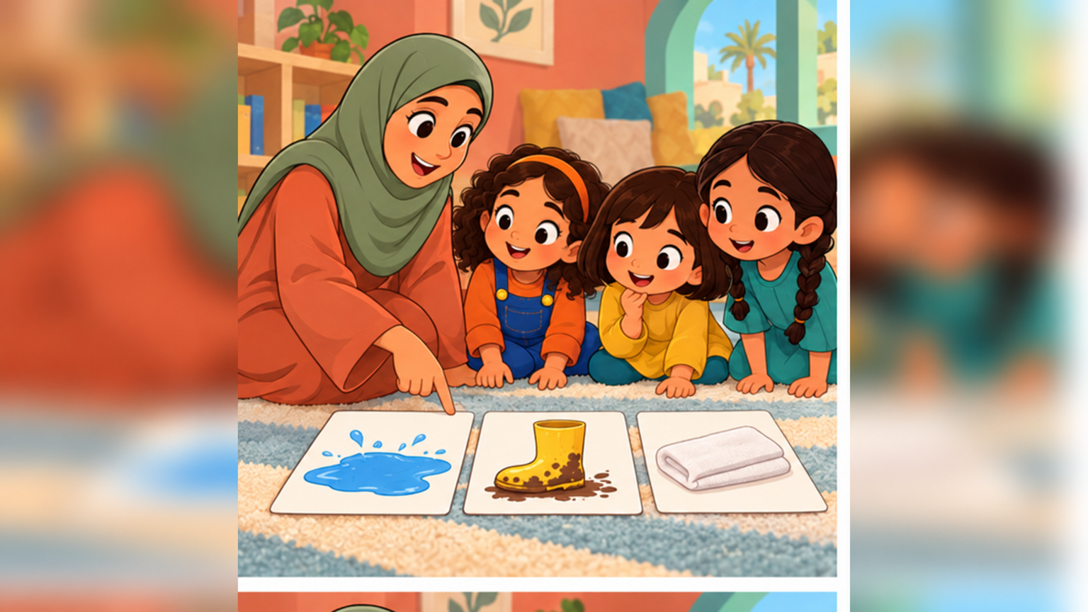 Teacher Hala in a full hijab shows puddle, muddy-boot, and towel cards to five-year-old girls Salma, Layan, and Mawaddah