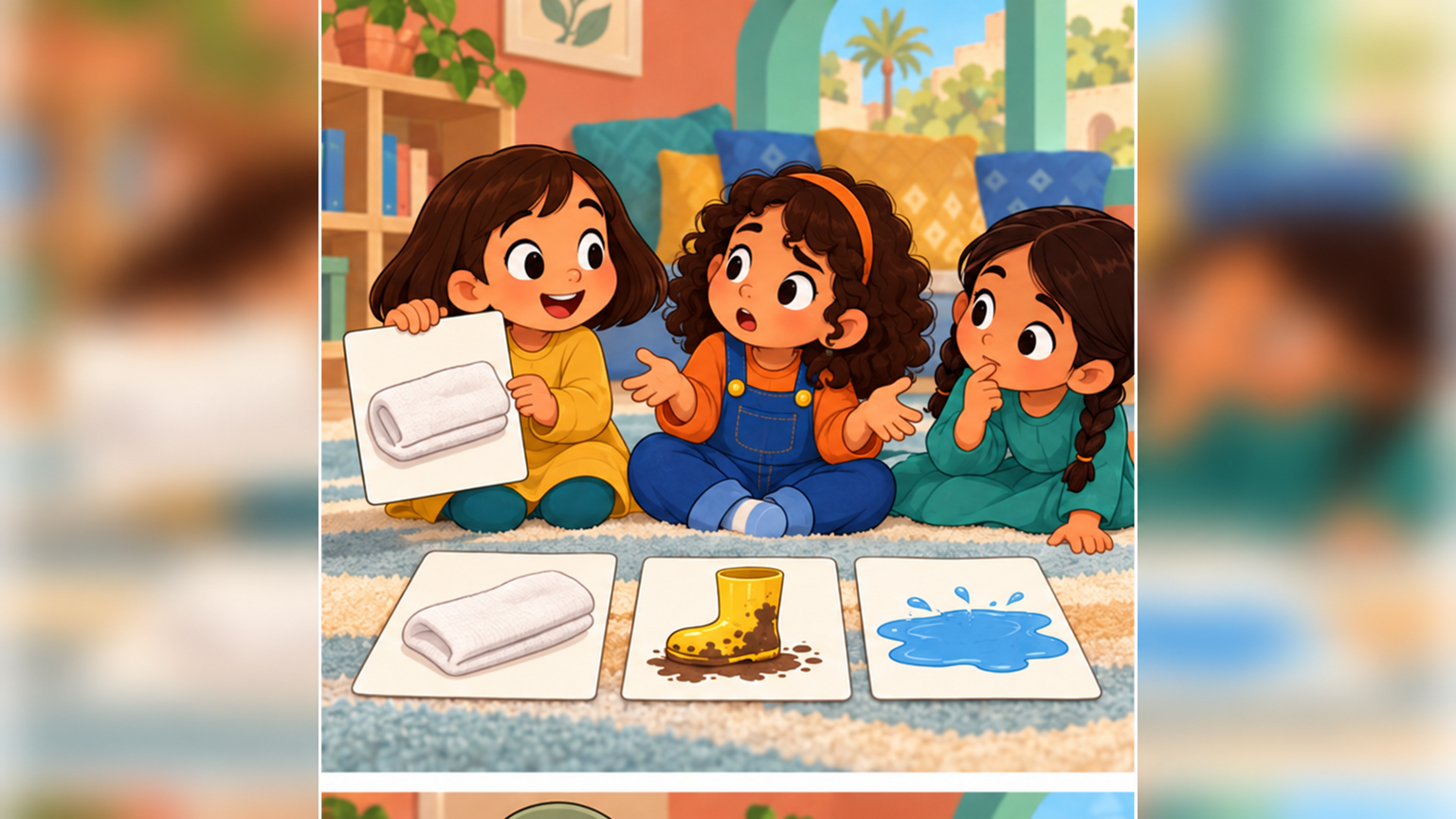Five-year-old Salma considers the order of the cards with Layan and Mawaddah