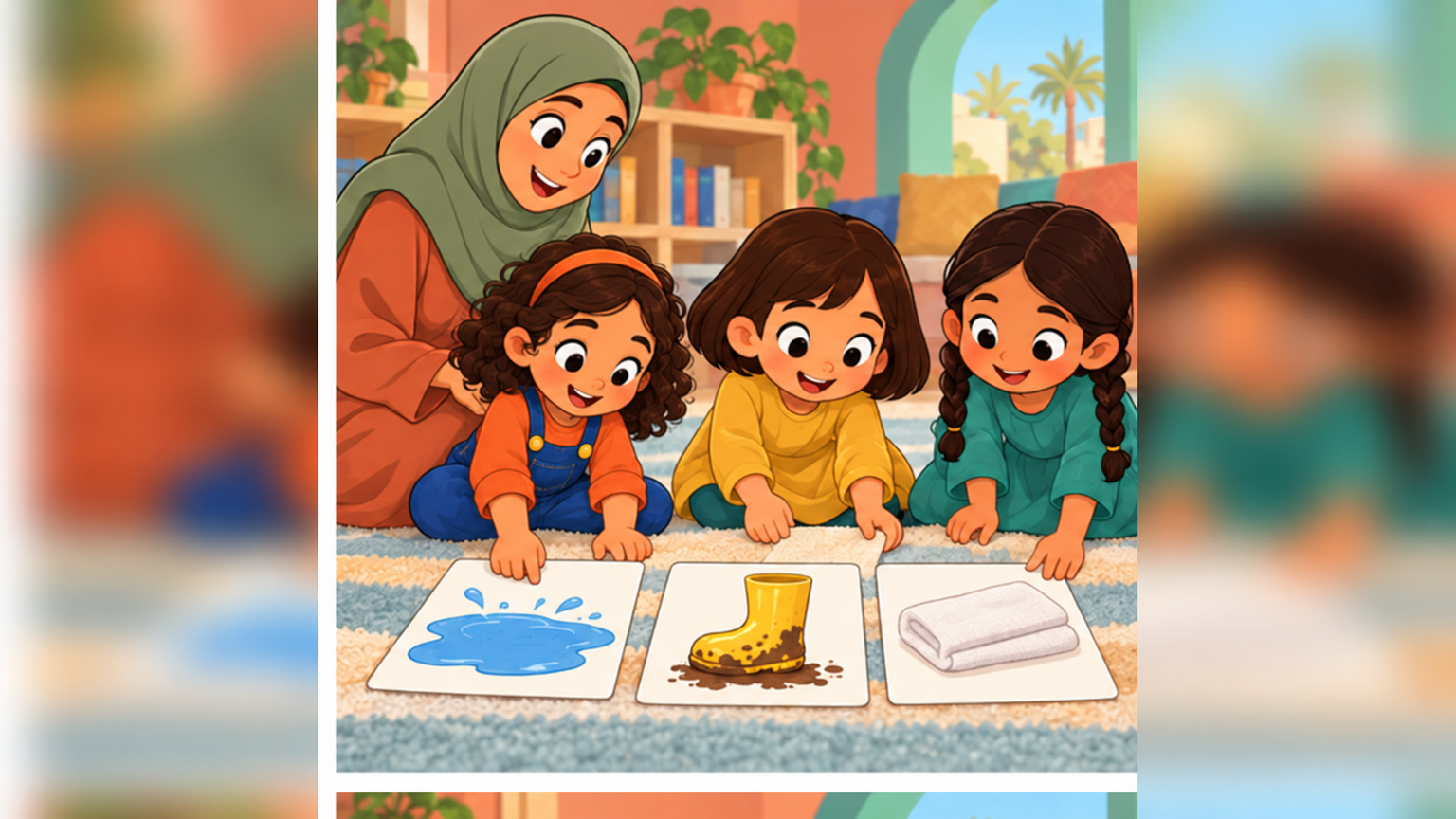 Teacher Hala and the girls Salma, Layan, and Mawaddah arrange the puddle, boot, and towel cards