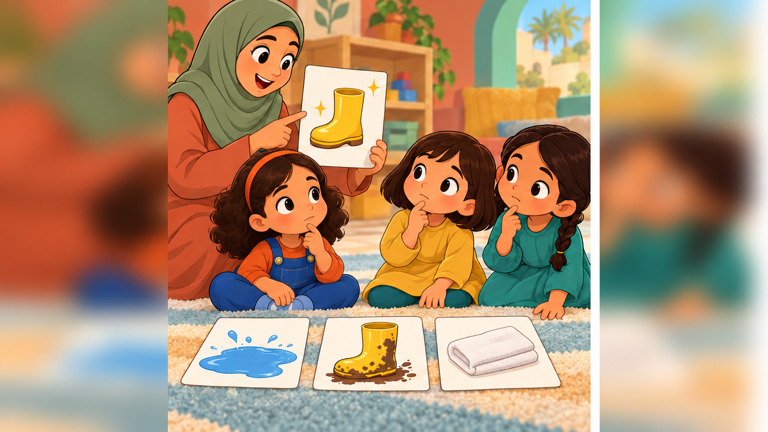 Teacher Hala shows a clean-boot card to the girls Salma, Layan, and Mawaddah
