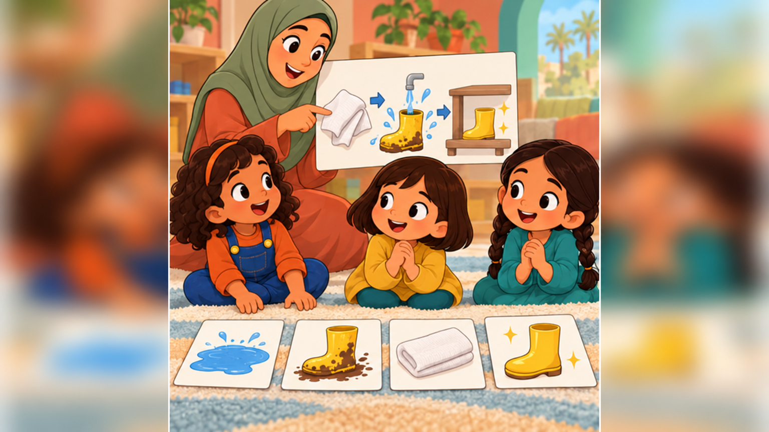 Teacher Hala explains the boot-cleaning sequence to the three girls