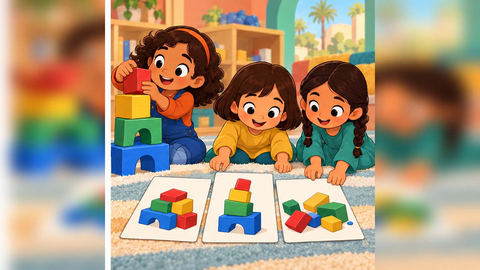 Five-year-old girls Salma, Layan, and Mawaddah arrange pictures of a block tower