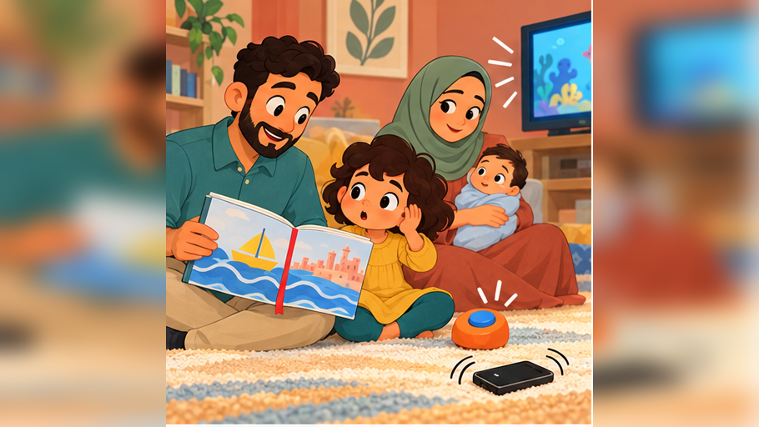 Five-year-old Mariam begins reading with her dad, his wife—her mum—and her baby brother while the television, phone and toy make sounds