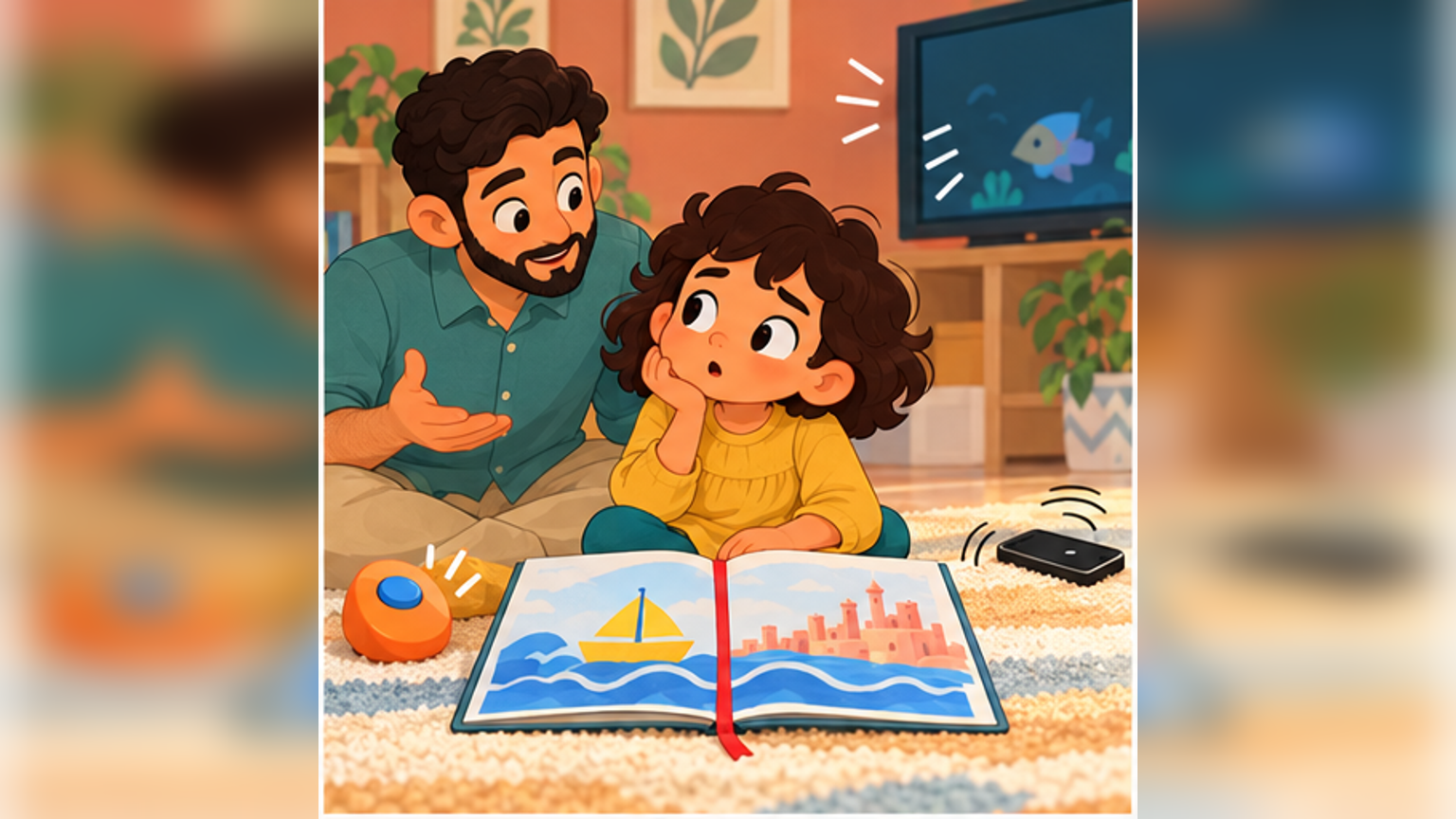 Five-year-old Mariam searches for the page's voice with her dad, his wife—her mum—and her baby brother nearby