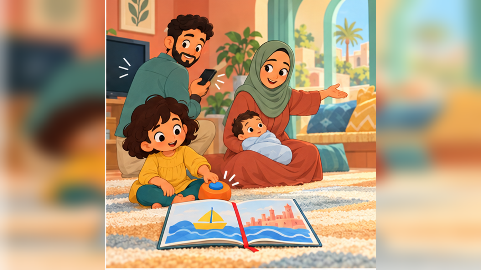 The family quiets the television, toy and phone: five-year-old Mariam, her dad, his wife—her mum—and her baby brother