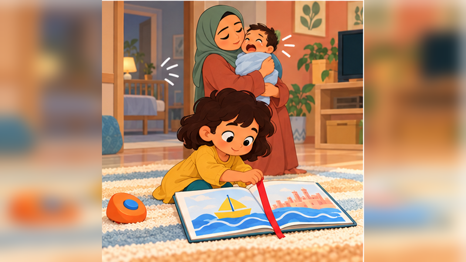 Five-year-old Mariam places the red bookmark when her baby brother cries, while her mum—Dad's wife—responds to his need