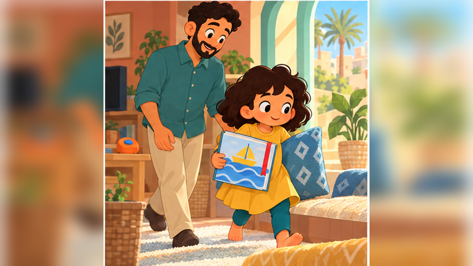 Five-year-old Mariam moves with her dad, his wife—her mum—and her baby brother to a quiet corner by the window