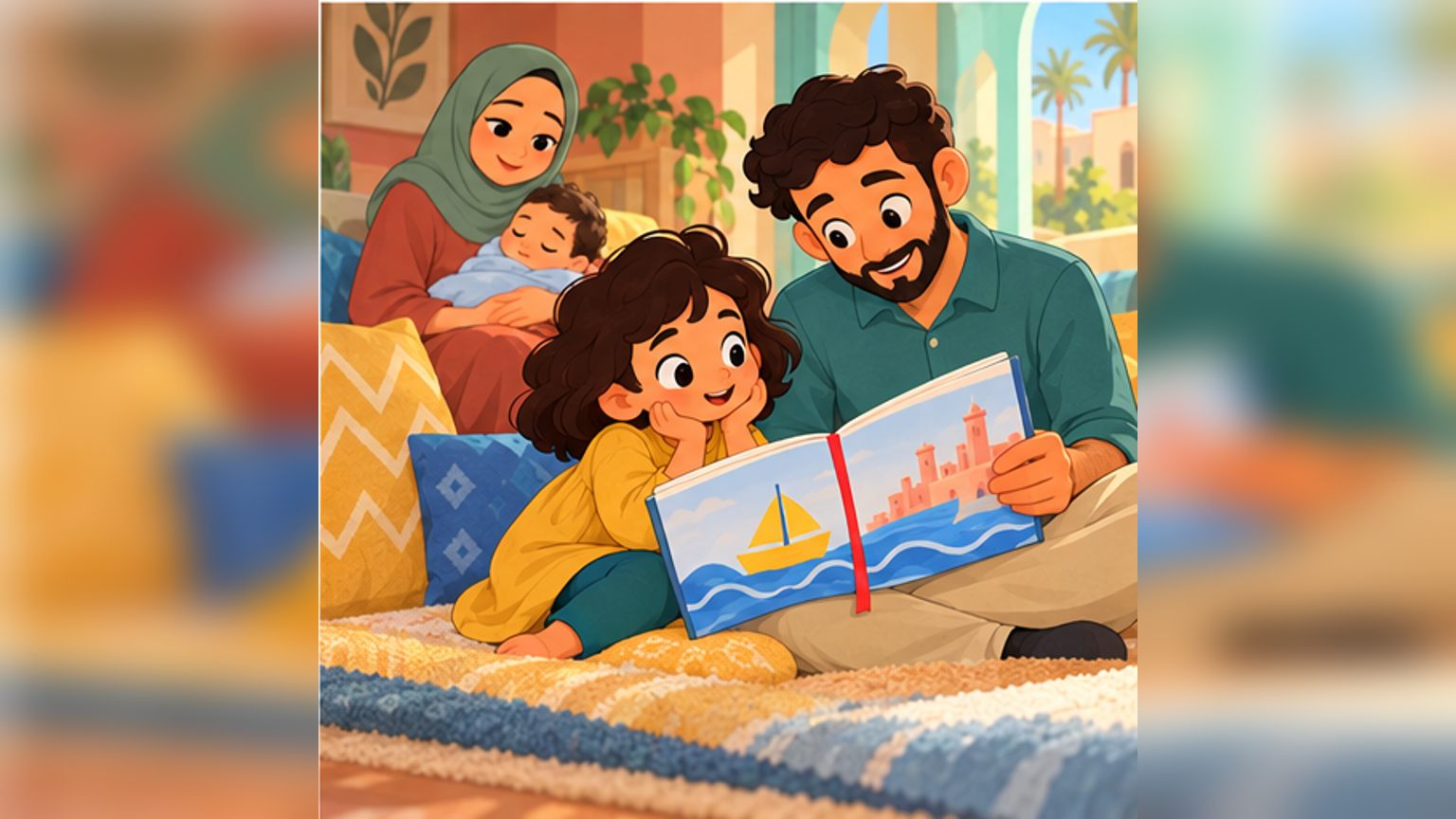 Five-year-old Mariam hears the boat story clearly with her dad, his wife—her mum—and her baby brother
