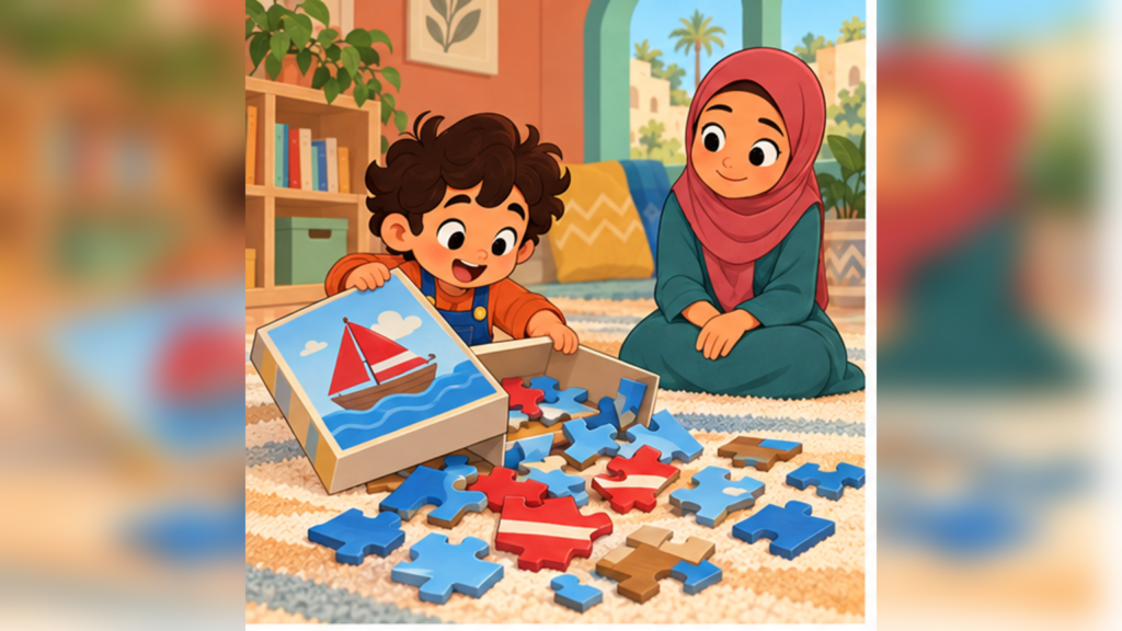 ريان يفتح أحجية القارب بجوار أخته سلمى.