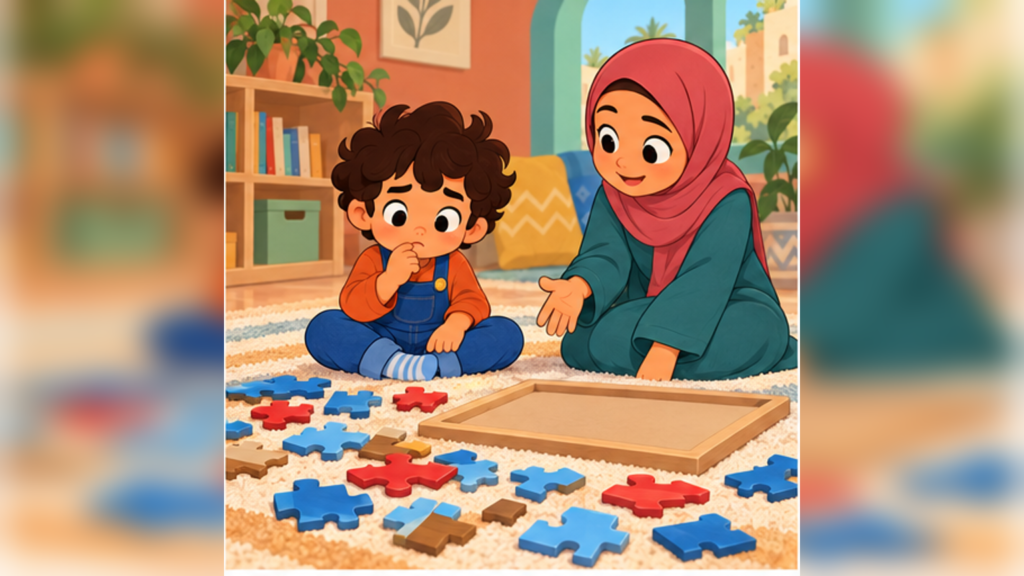 ريان يختار أول قطعة بمساعدة سؤال من أخته.