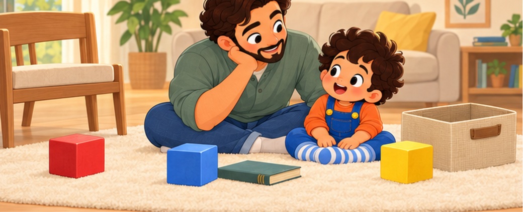 ثلاثة مكعبات حمراء وزرقاء وصفراء أمام الأب والطفل