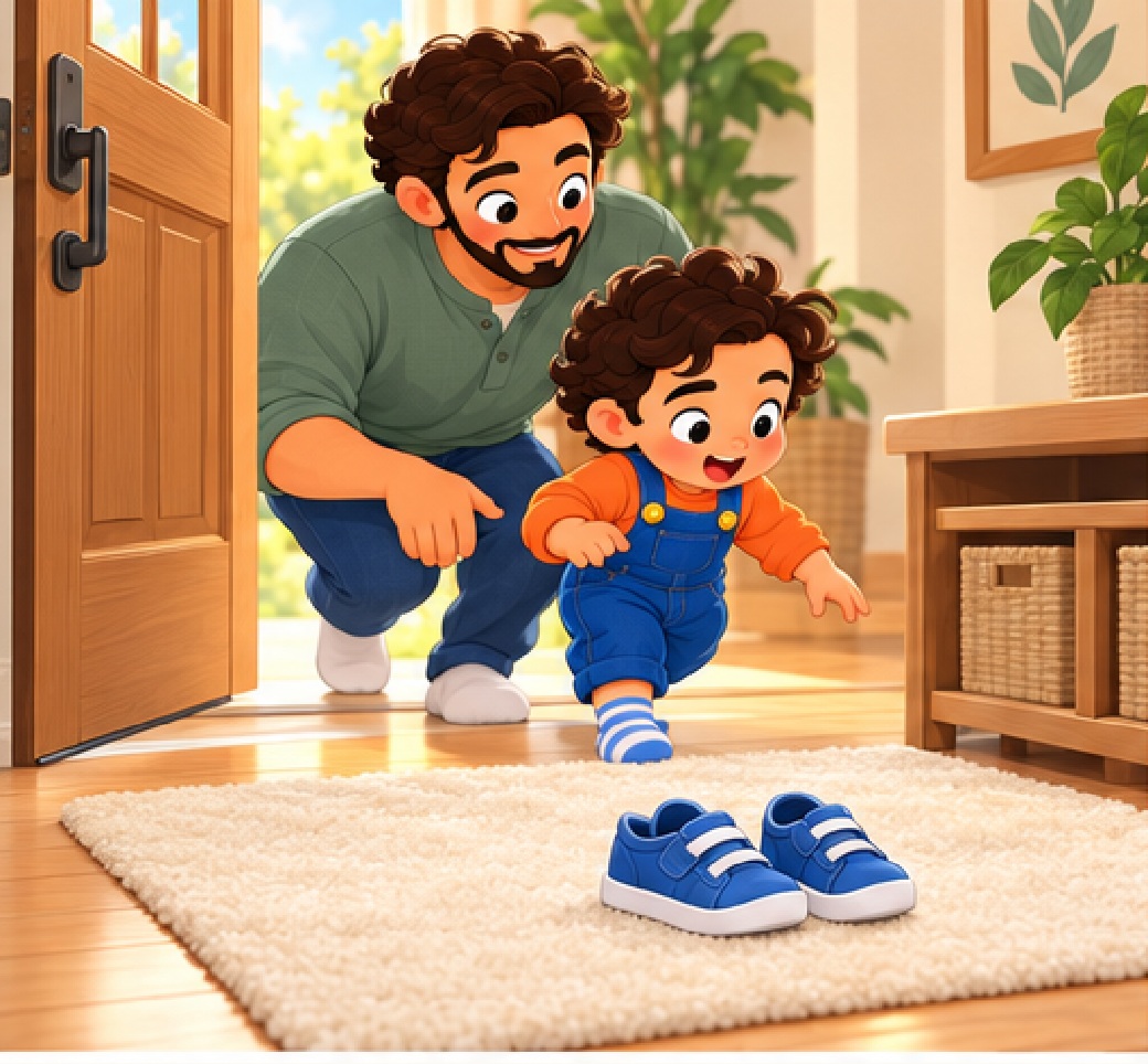 Two blue shoes wait by the door as Dad helps his child sit