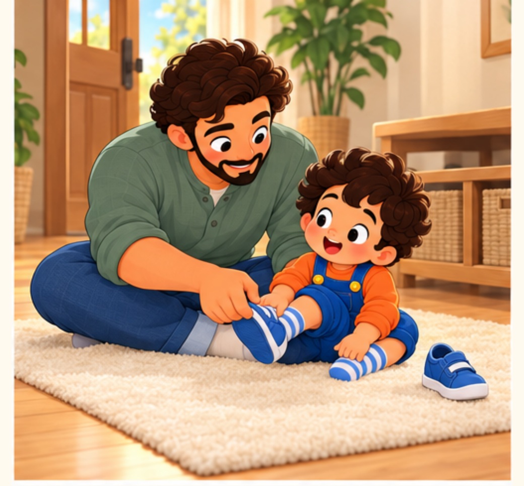 Dad helps one foot into the first shoe