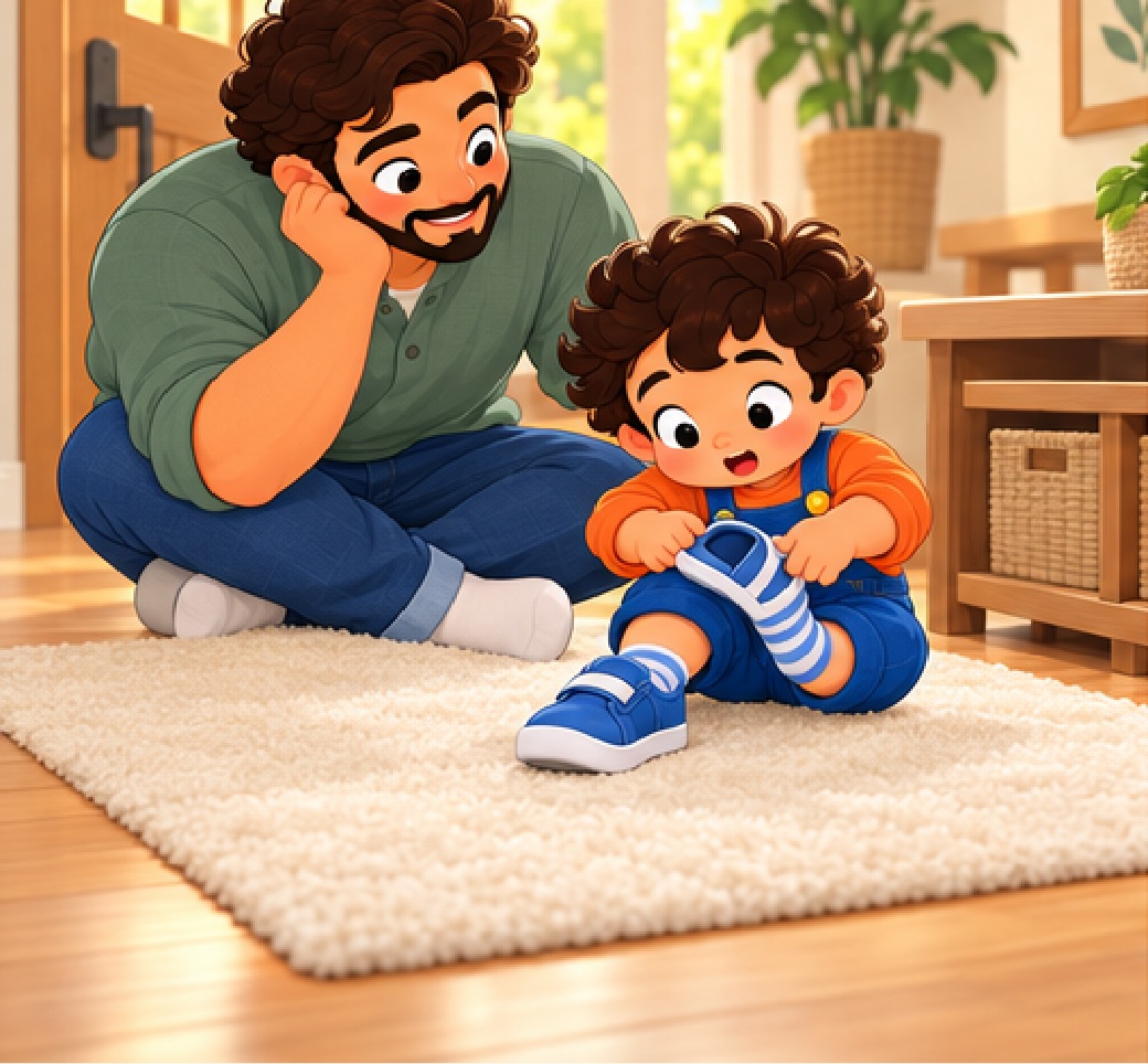 The child tries a shoe that is turned around