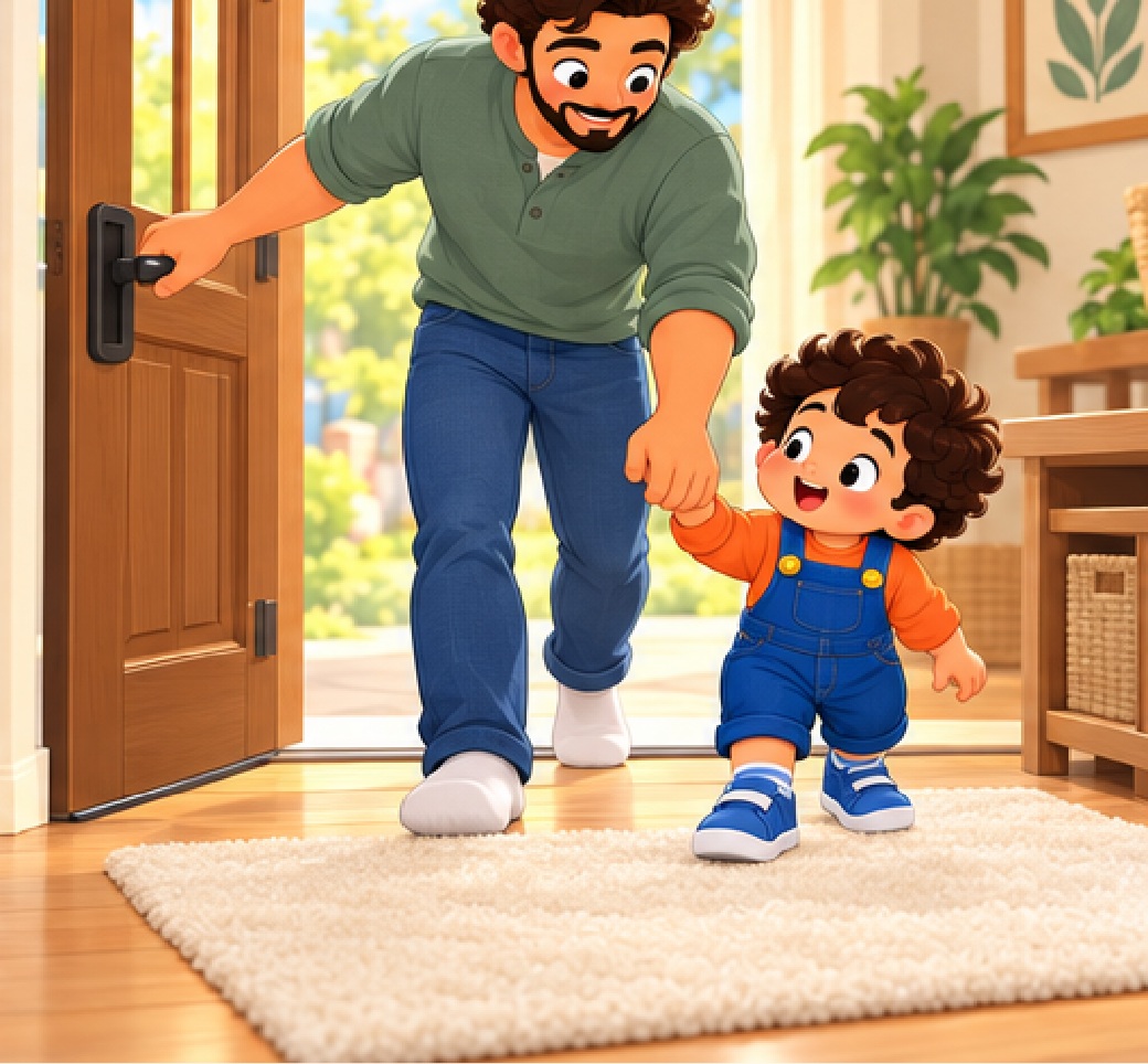 Wearing both shoes, the child holds Dad’s hand by the open door