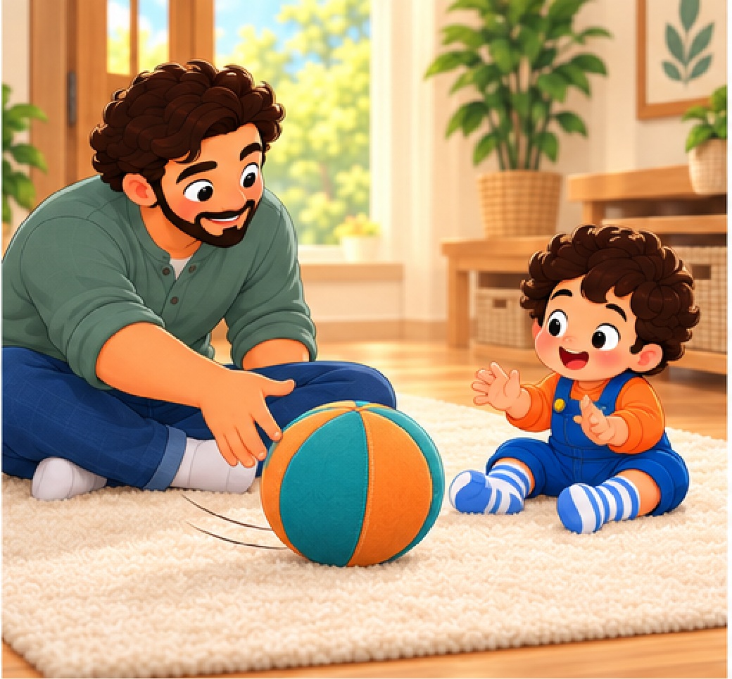الأب يدحرج الكرة نحو الطفل
