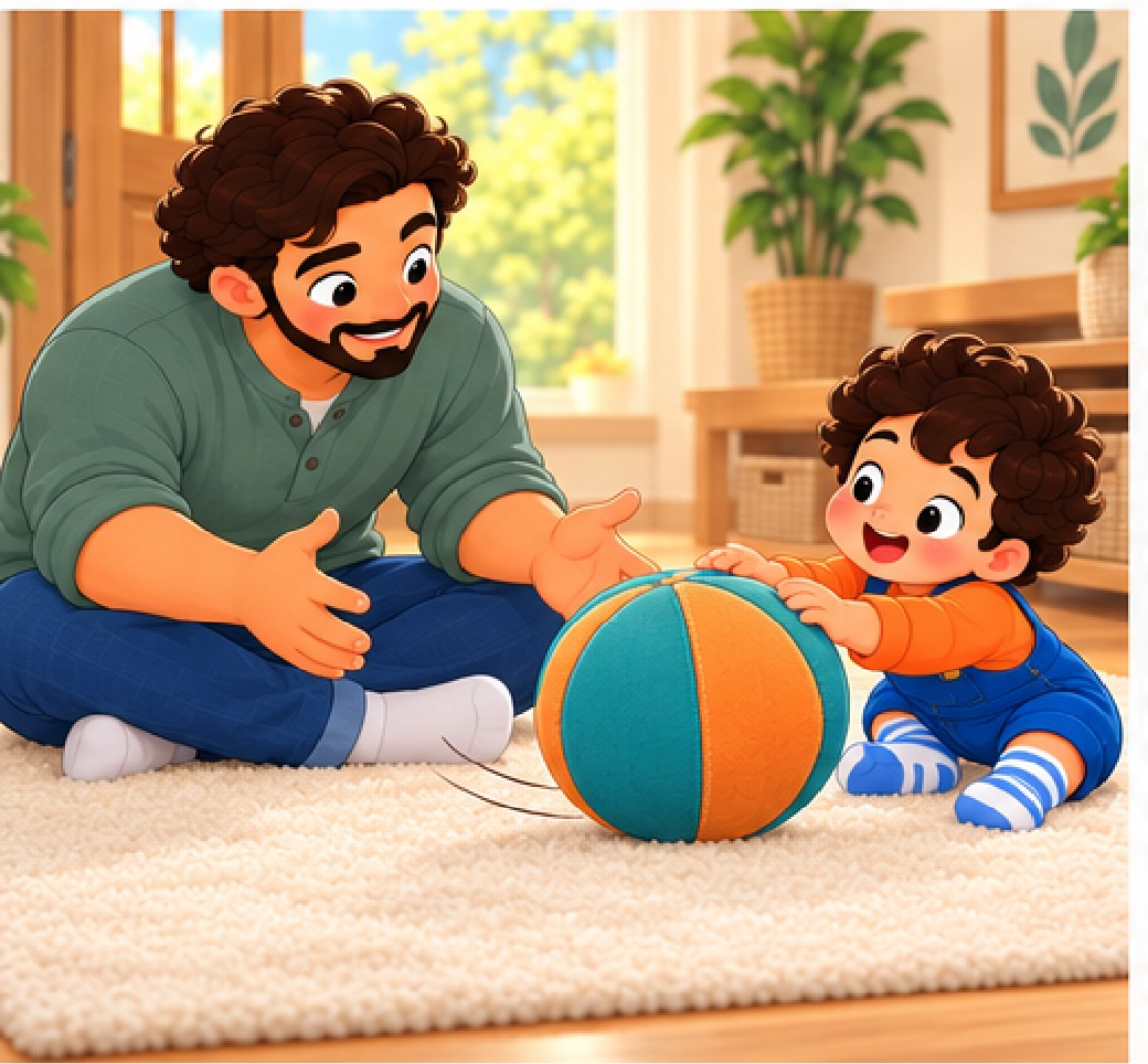 الطفل يدفع الكرة نحو أبيه