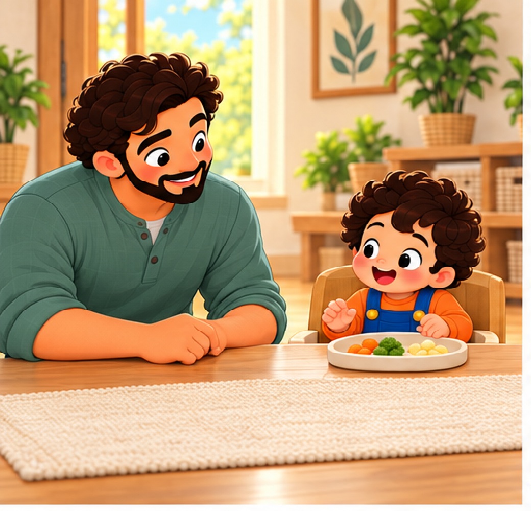 The child sits safely at the table beside Dad