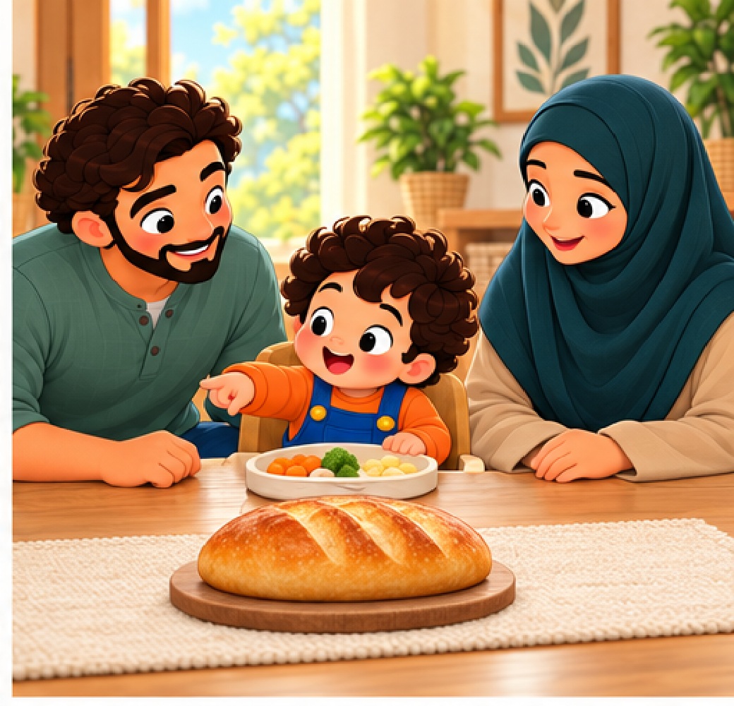 The child points to a loaf on the table