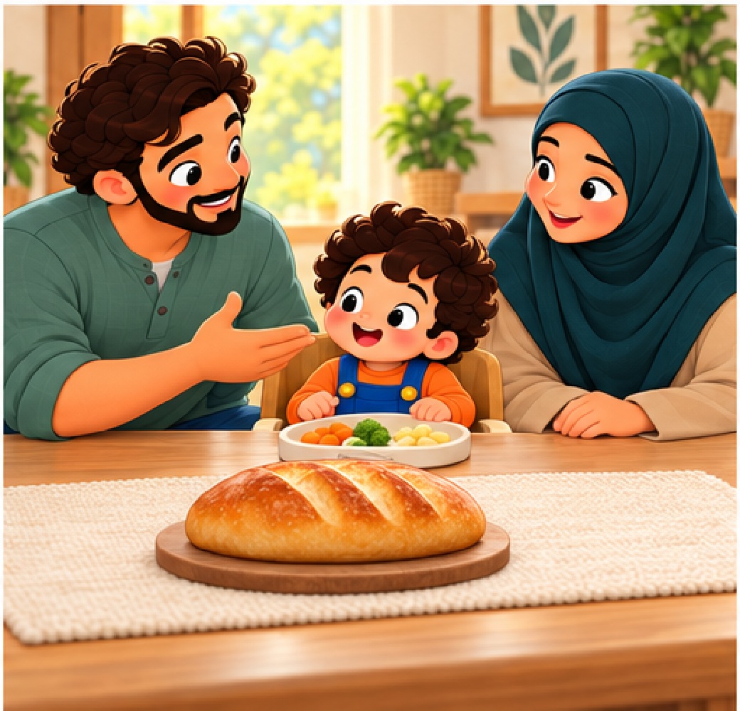 Dad, his wife—the child’s mum—and their child gather around the table