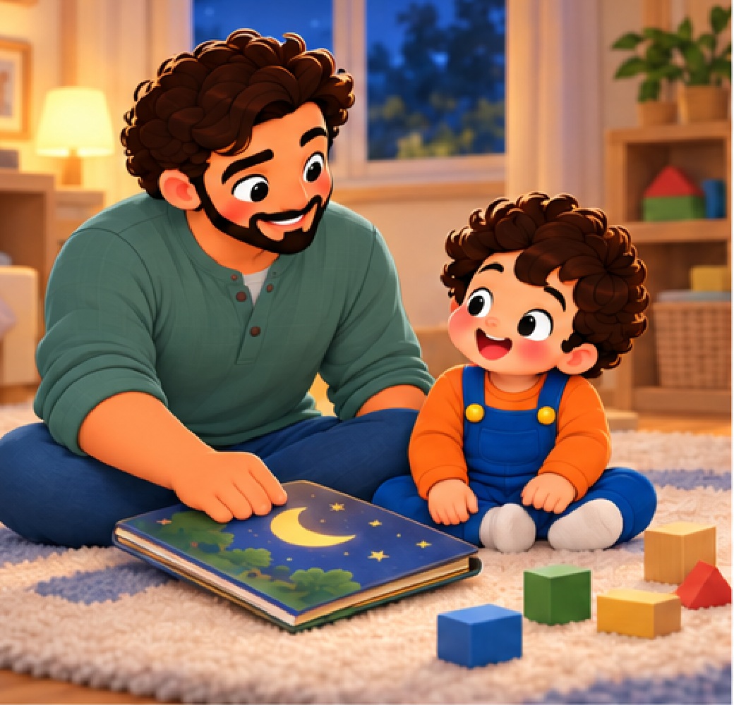 A book and blocks lie before Dad and his child