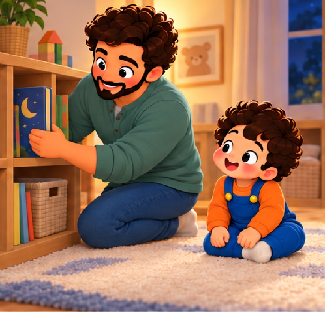 Dad returns the book to its shelf