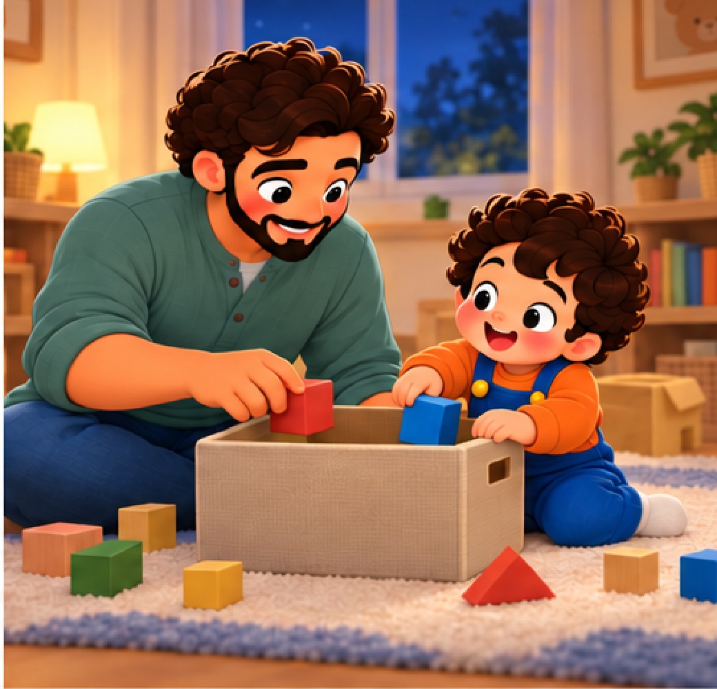 Dad and the child gather the blocks