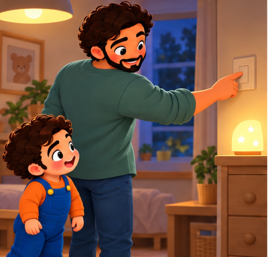 Dad switches off the bright light and leaves a soft lamp on