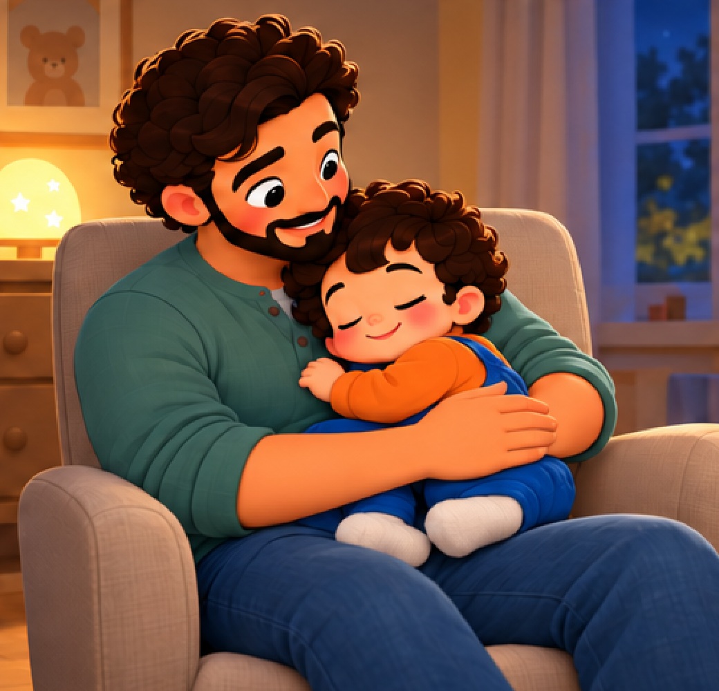 The child rests in Dad’s arms