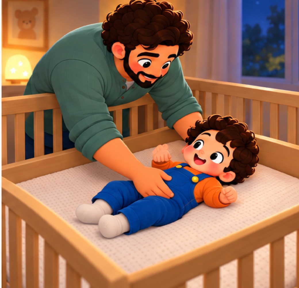 Dad lays the child in a clear sleep space
