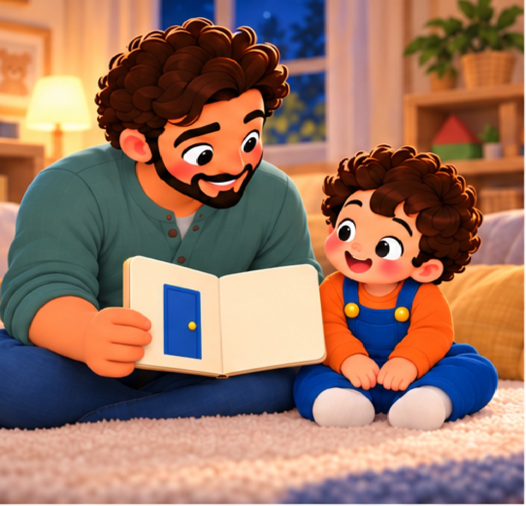 Dad opens a book beside his child