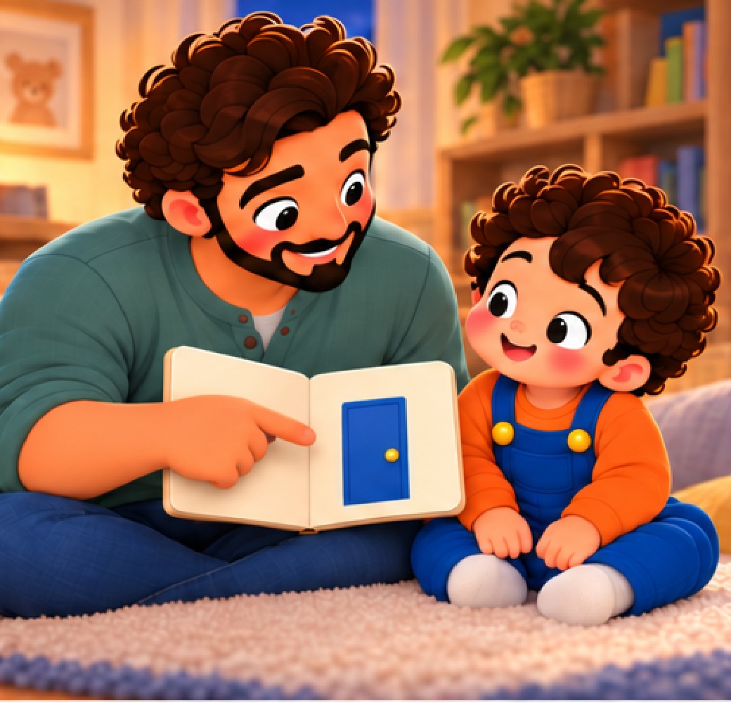 Dad points to a blue door in the book