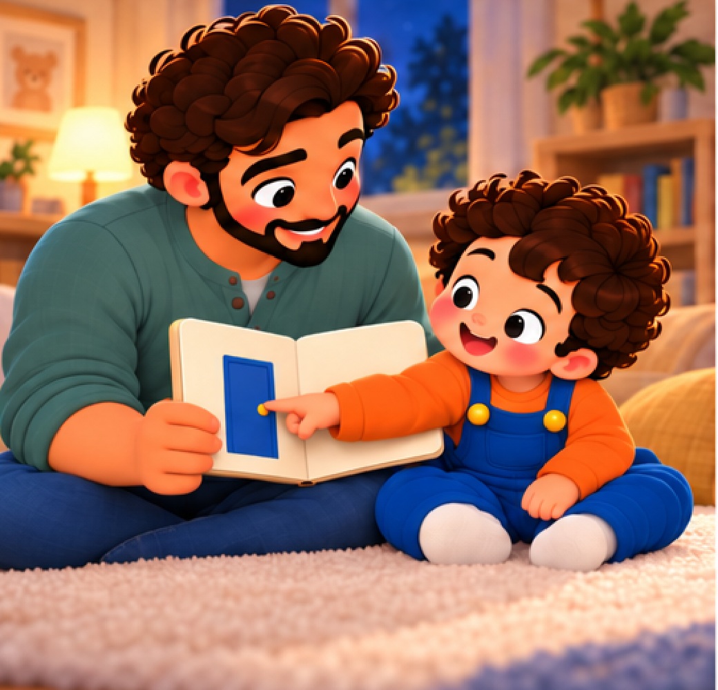 The child touches the blue door